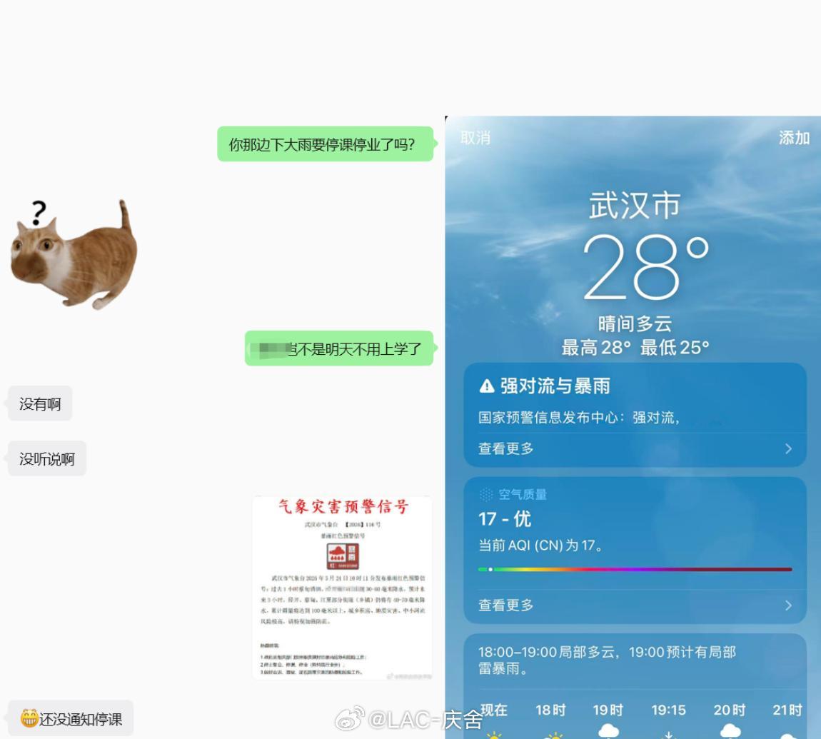 武汉停课停业问了一下武汉的朋友表示并没有收到停课通知但是接下来预报是要下大雨