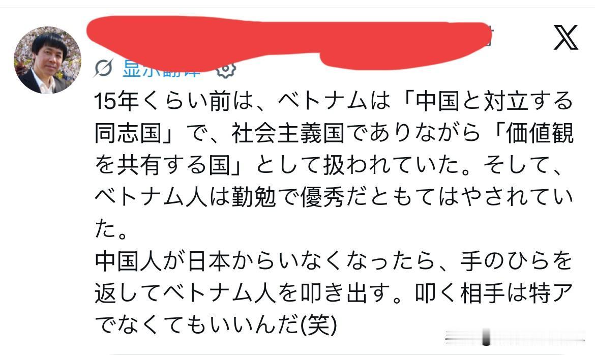 一位叫森经理的日本网友在X平台上写道：“大约15年前，越南被视为‘与中国对立的同