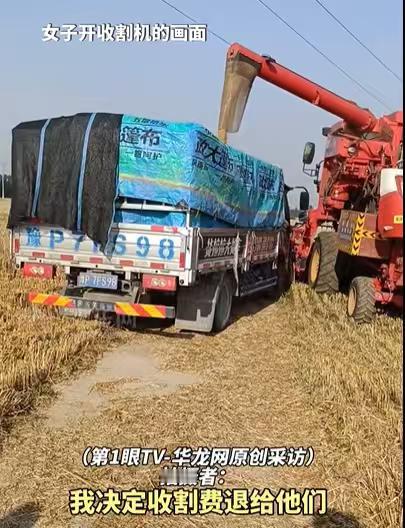 河南乡村麦收现场，一名女农机手帮村里大爷大娘收割完整片麦田后，跟随老人回家结算收