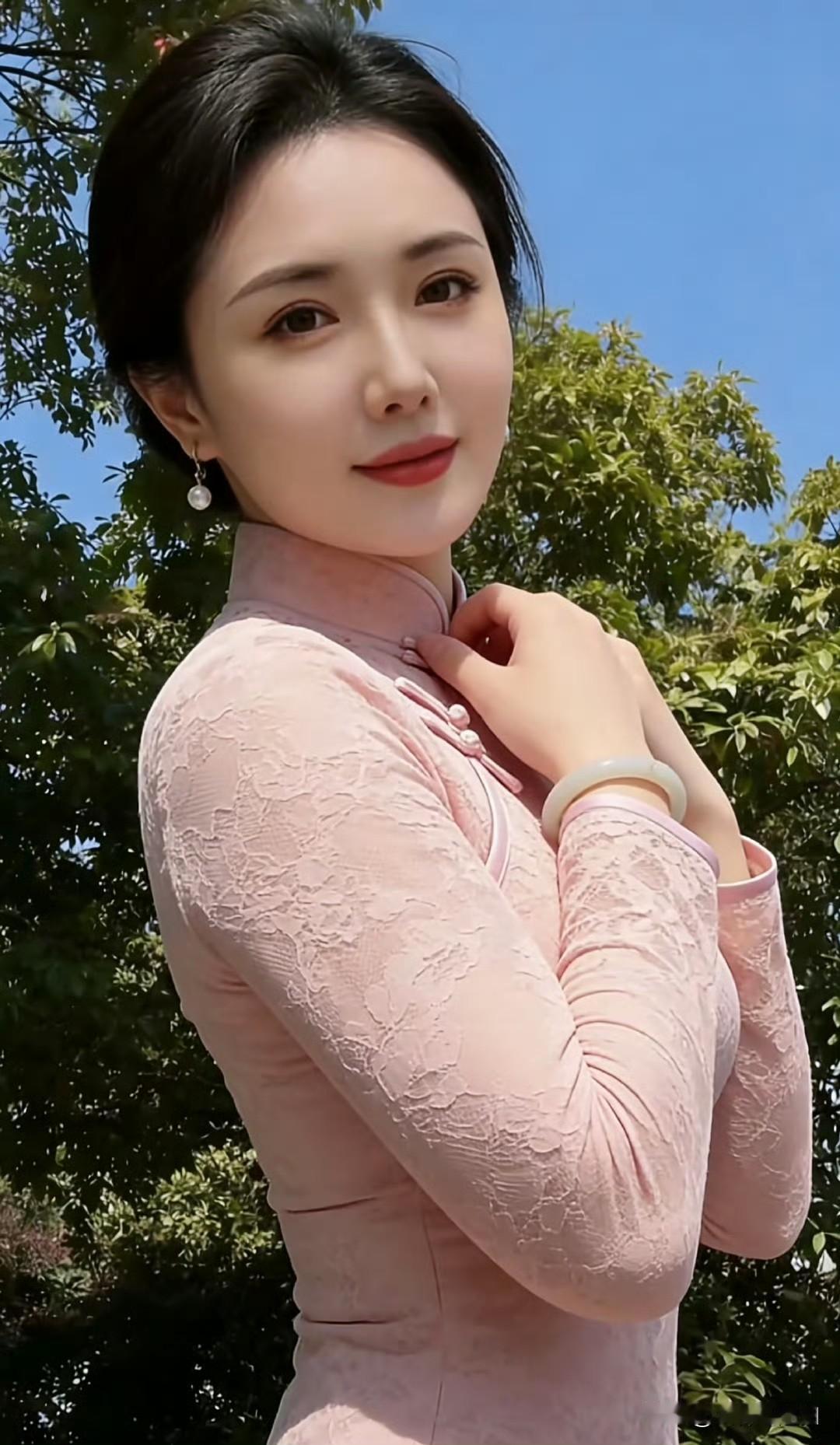 优雅气质，粉嫩蕾丝旗袍，夏日清新穿搭