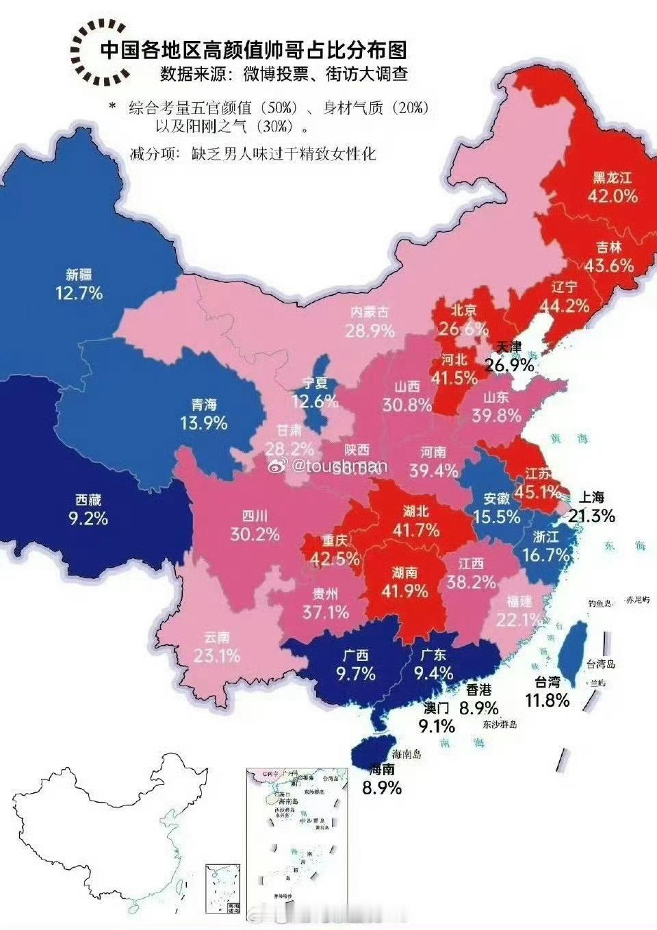 中国各地区高颜值帅哥占比分布图广东只有9.4%吗[捂脸哭][捂脸哭]东北三省这么高？