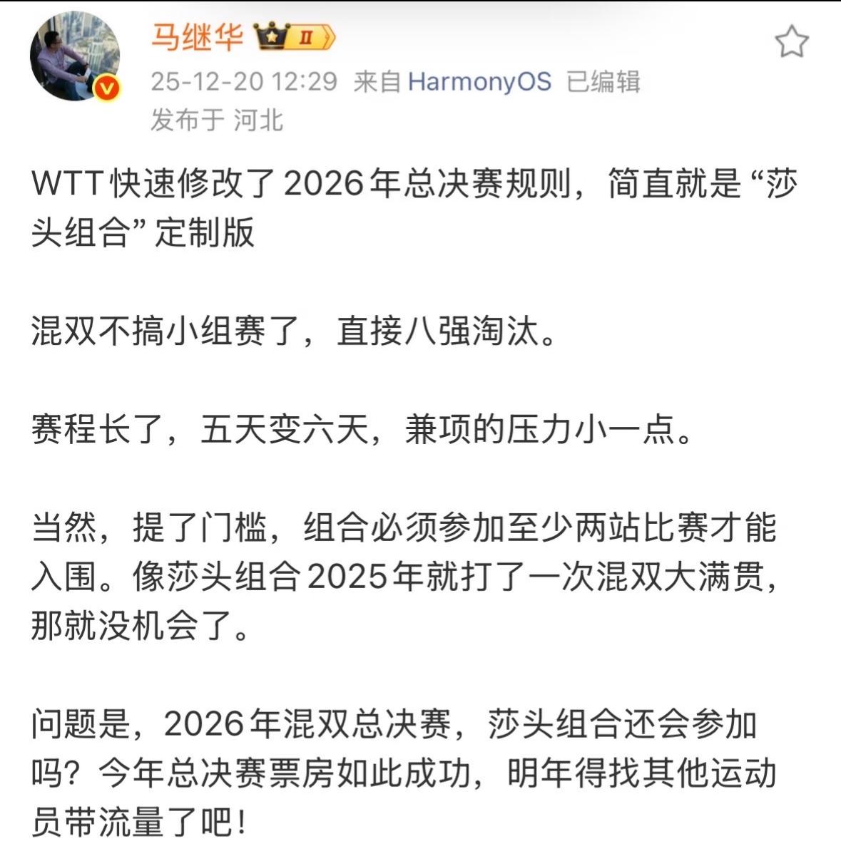 马继华发文：WTT快速修改2026年总决赛规则简直是莎头组合定制版！WTT还