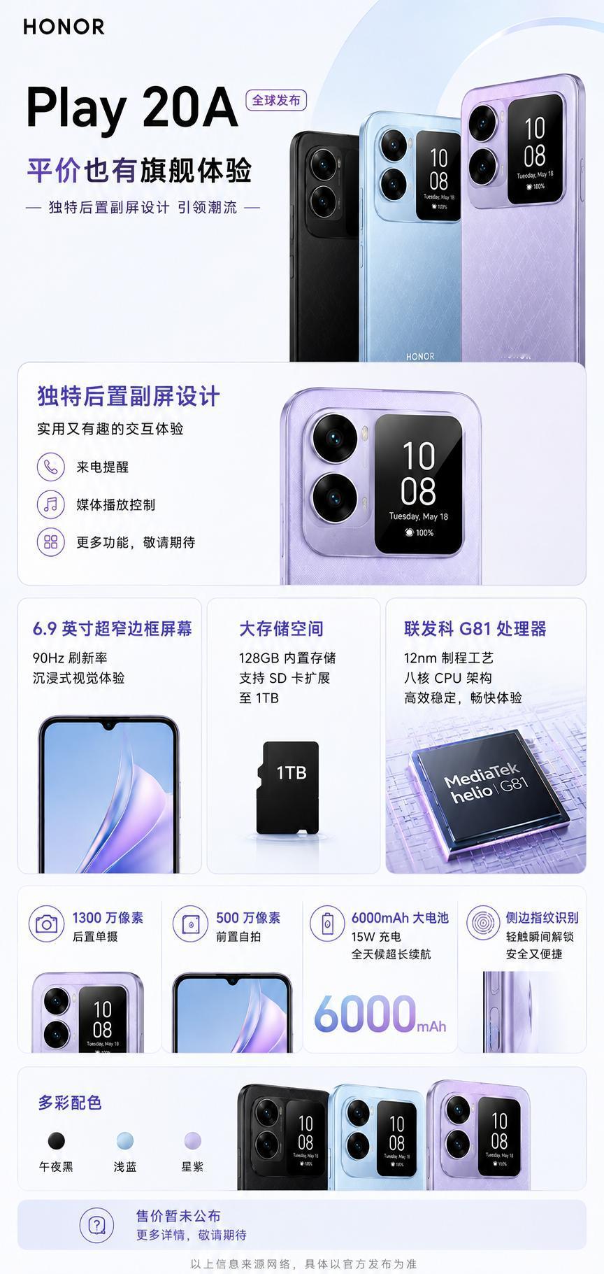 荣耀Play20A全球上架📱后置副屏设计挺特别荣耀最近在全球市场上架了新
