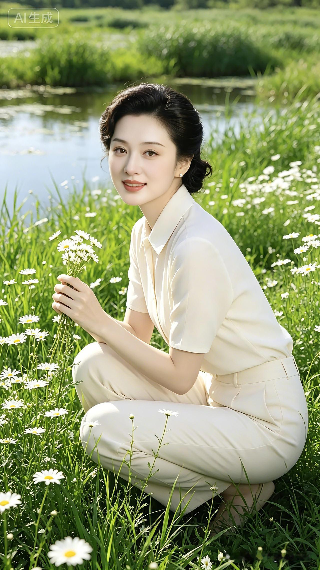 溪畔撷芳碧水清波绕着野塘缓缓淌，漫坡小菊漫溢淡淡清香。佳人轻蹲在花丛深处，