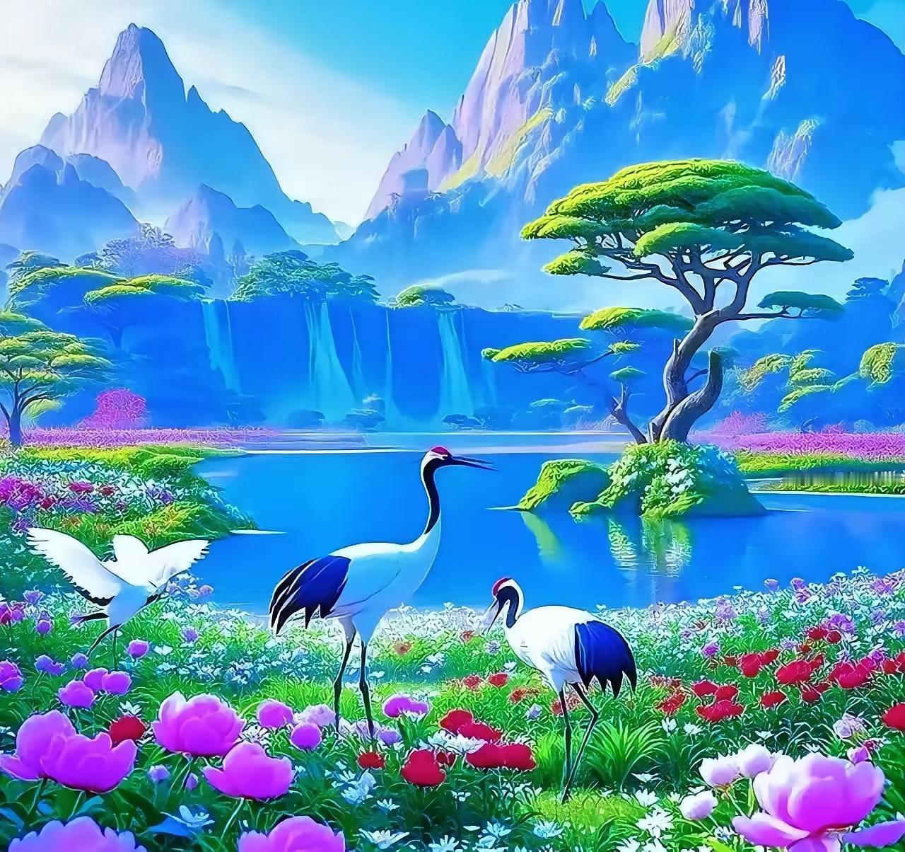 “仙鹤舞碧空，山水映清辉”，多美的画面。想象旭日东升时，仙鹤蹁跹起舞，振翅凌风，