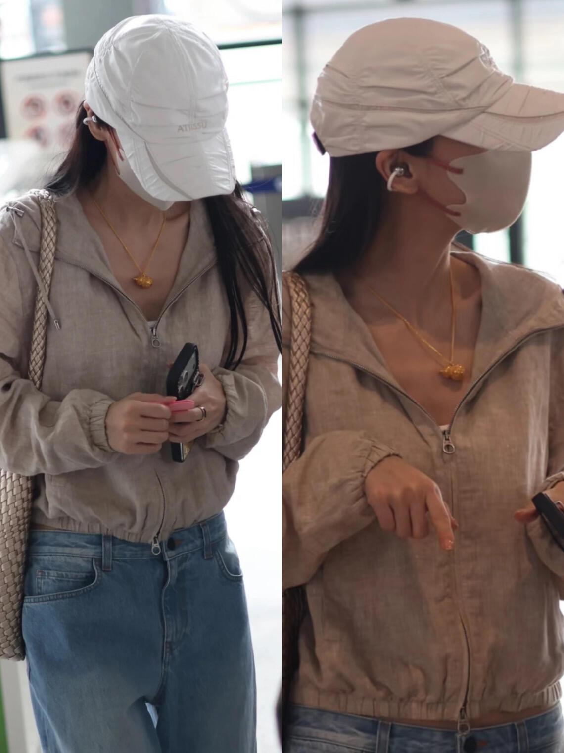 Angelababy街拍，短外套配阔腿牛仔裤，很慵懒松弛！一身浅色系休闲穿搭温
