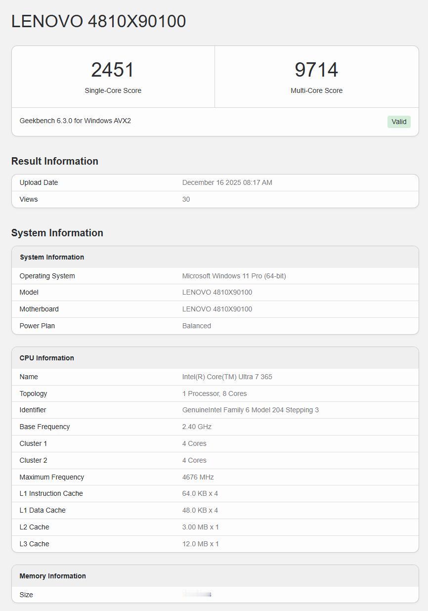 【英特尔最新酷睿Ultra7365曝光】近日，英特尔酷睿Ultra736