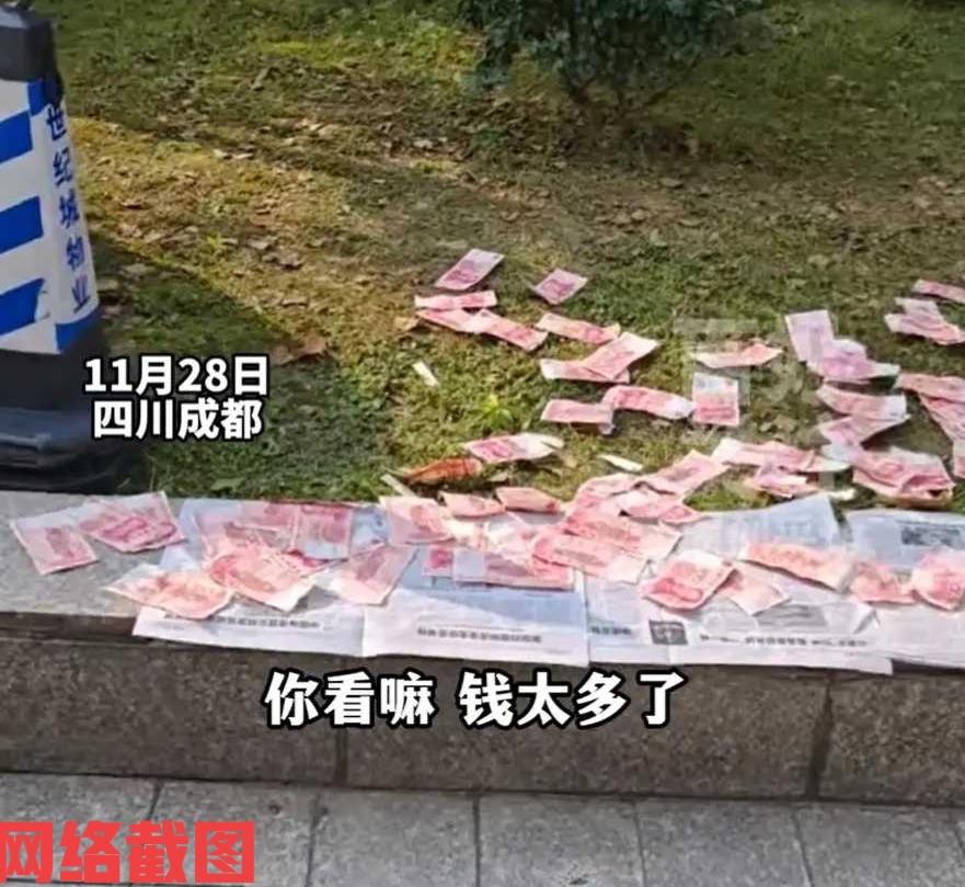 四川成都有男子在银行离开后。男子突然看到银行门口一旁的绿化带上，见报纸摊地上