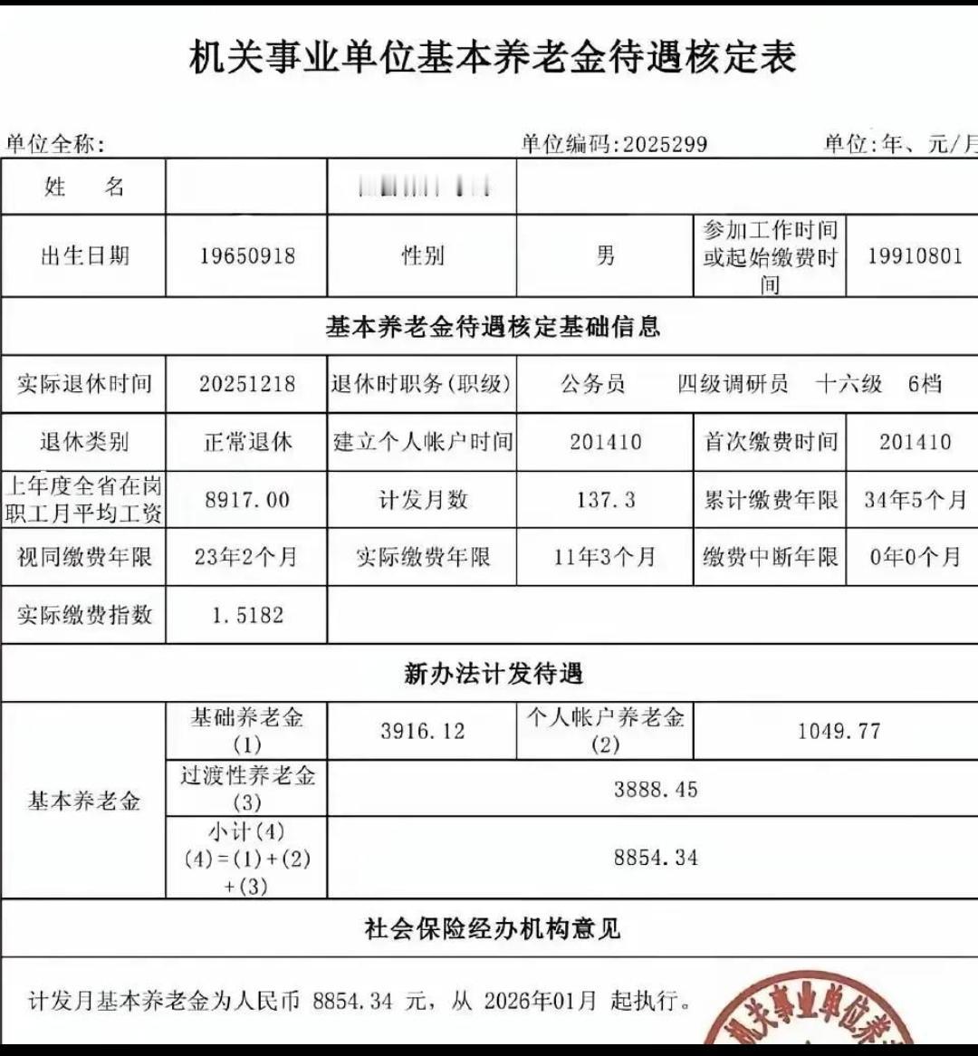 34年工龄，四级调研员，养老金8854元，这个水平算高吗？有人说过渡性养老金快