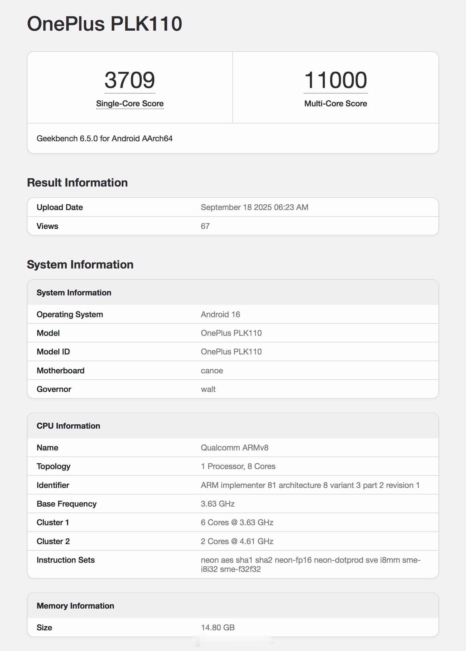 一加15的消息也来了，一加15跑分在Geekbench官网公布，型号