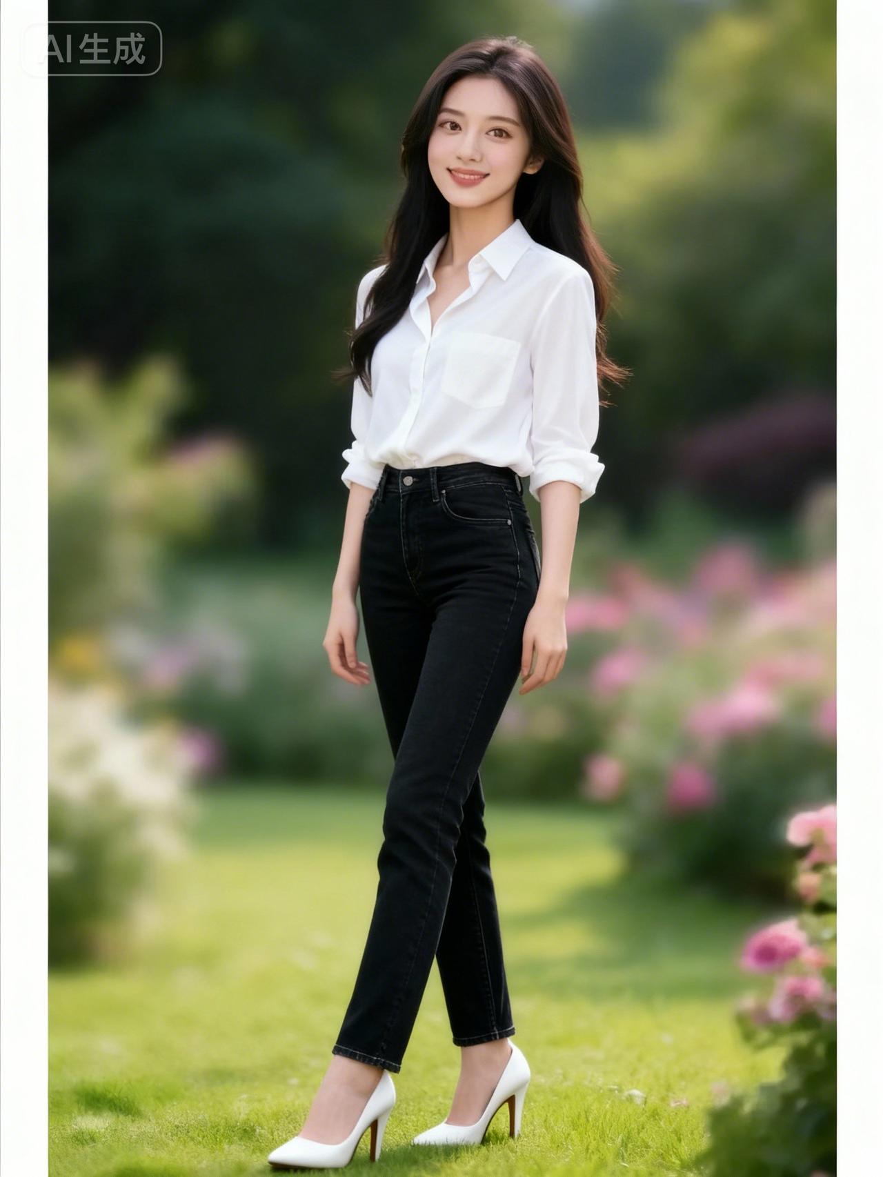 清新自然，白衬衫+黑牛仔裤，简约时尚，自信微笑，自然光线下更显清新脱俗。