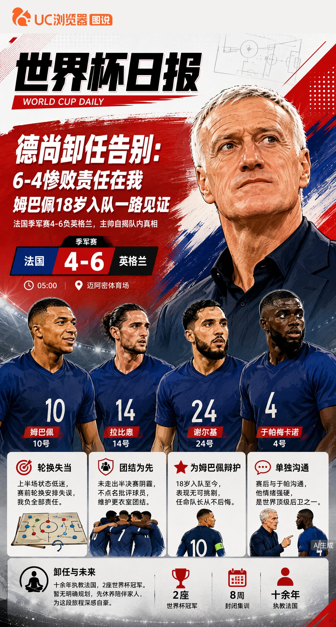 德尚卸任告别：6-4惨败责任在我，姆巴佩18岁入队一路见证