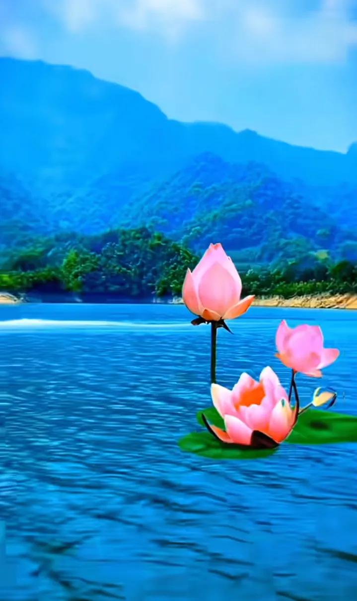 静谧湖面，粉荷盛开，山水相映，心旷神怡。🌸🌊🏞️静谧湖面，荷花盛开，山青水