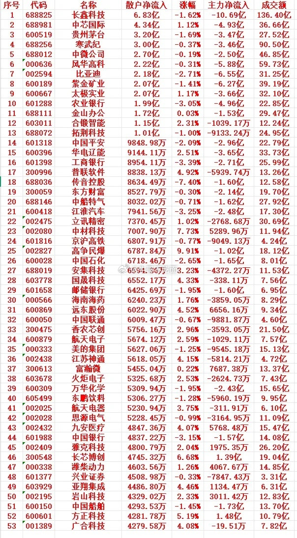 8月4号上午盘，散户趁低位大幅买入的个股名