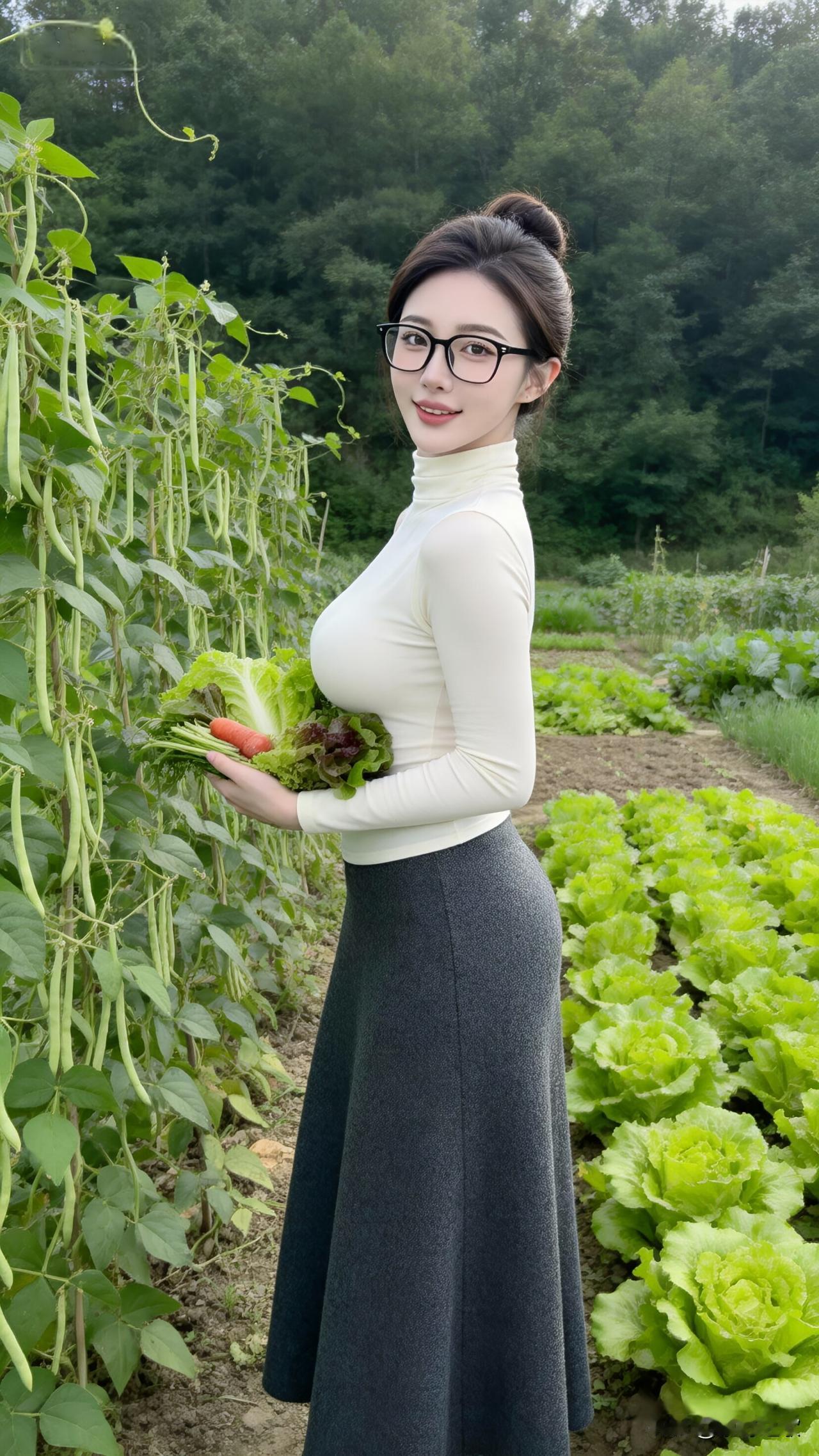 抱着新鲜的蔬菜，白色高领衫贴着肩，黑裙垂到脚踝。站在菜园里，看着豆角藤在身后攀爬