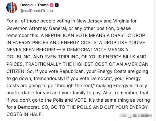【黄金时代】川普再次呼吁新泽西和弗吉尼亚选举投给共和党，节省能源成本川普：