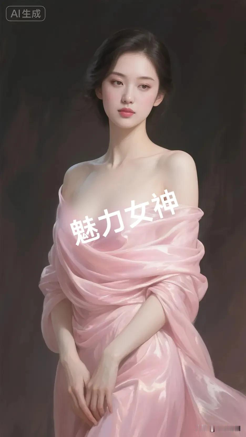 粉缎裹着柔雾般的肩线，光晕轻落处，是未言明的温柔在裙褶里漾开。粉缎轻倚粉雾玫