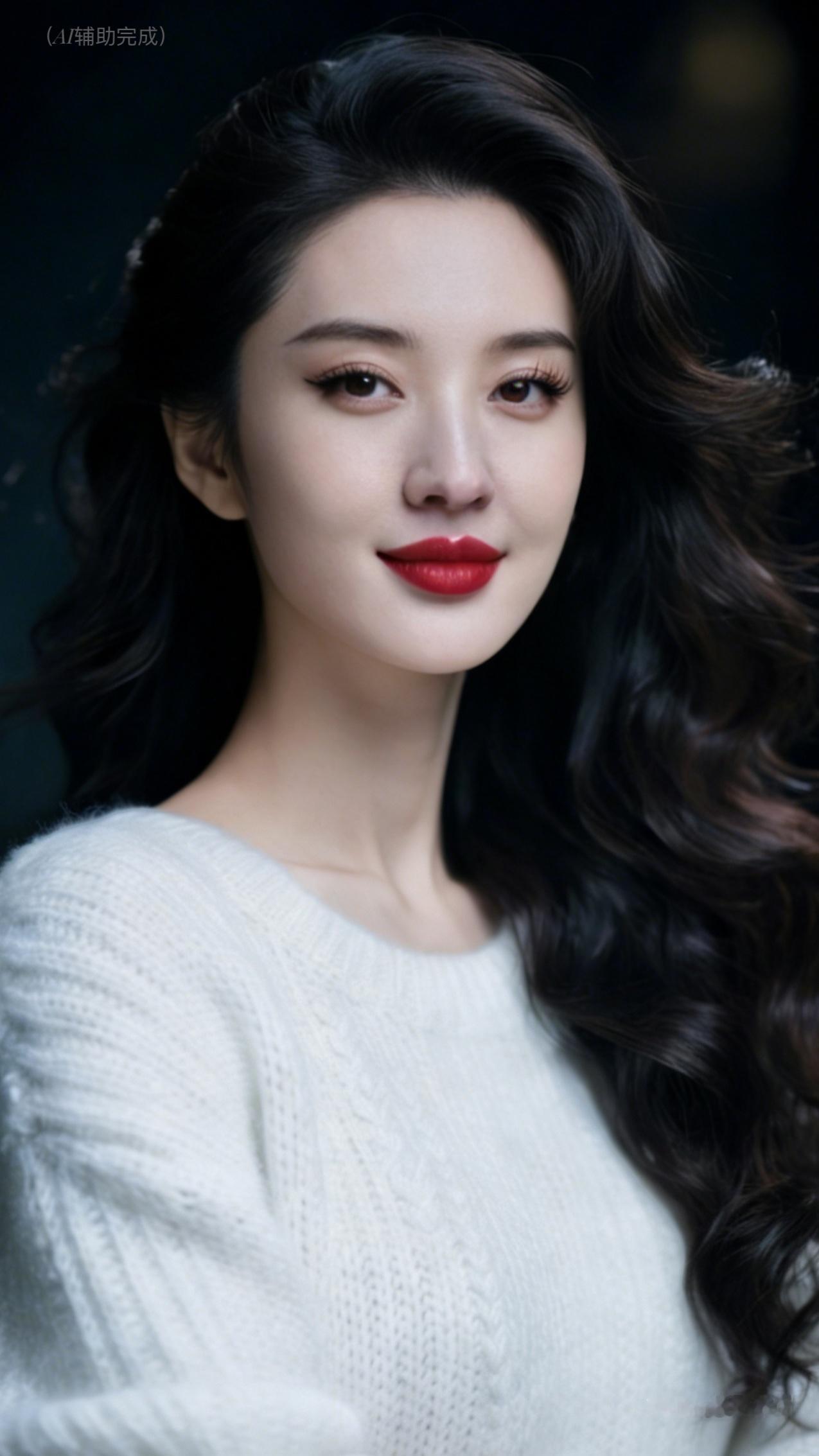 乌黑卷发如绸缎垂落，发丝光泽亮丽，白毛衣裹着温柔。她眉形精致，眉眼含情眸亮如星，