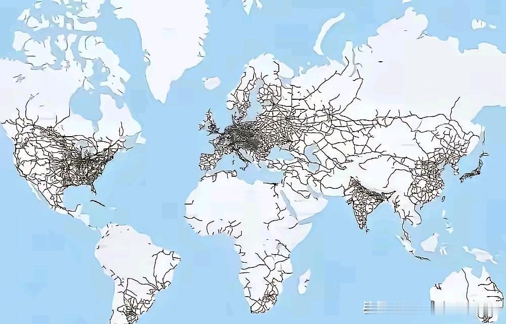 一张世界铁路路网的分布地图。从图中可看出，目前铁路分布密度最大的地方就是欧洲以及