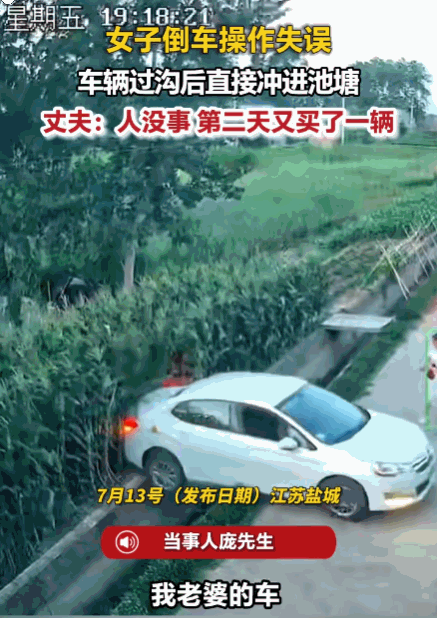 江苏盐城的庞先生，其妻子许久未曾驾车。7月13日，她在池塘边倒车时，因手感生疏，