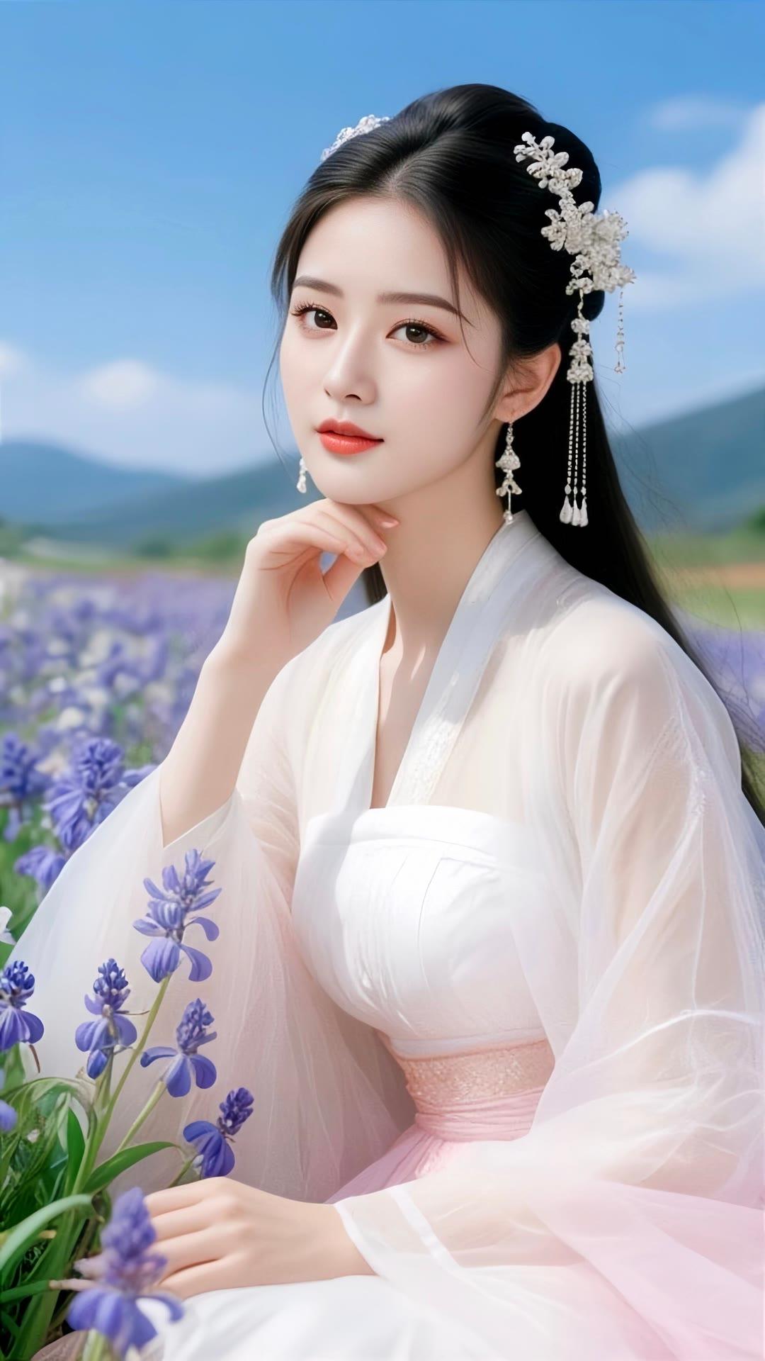 仙气飘飘的汉服少女，置身花海，宛如画中人