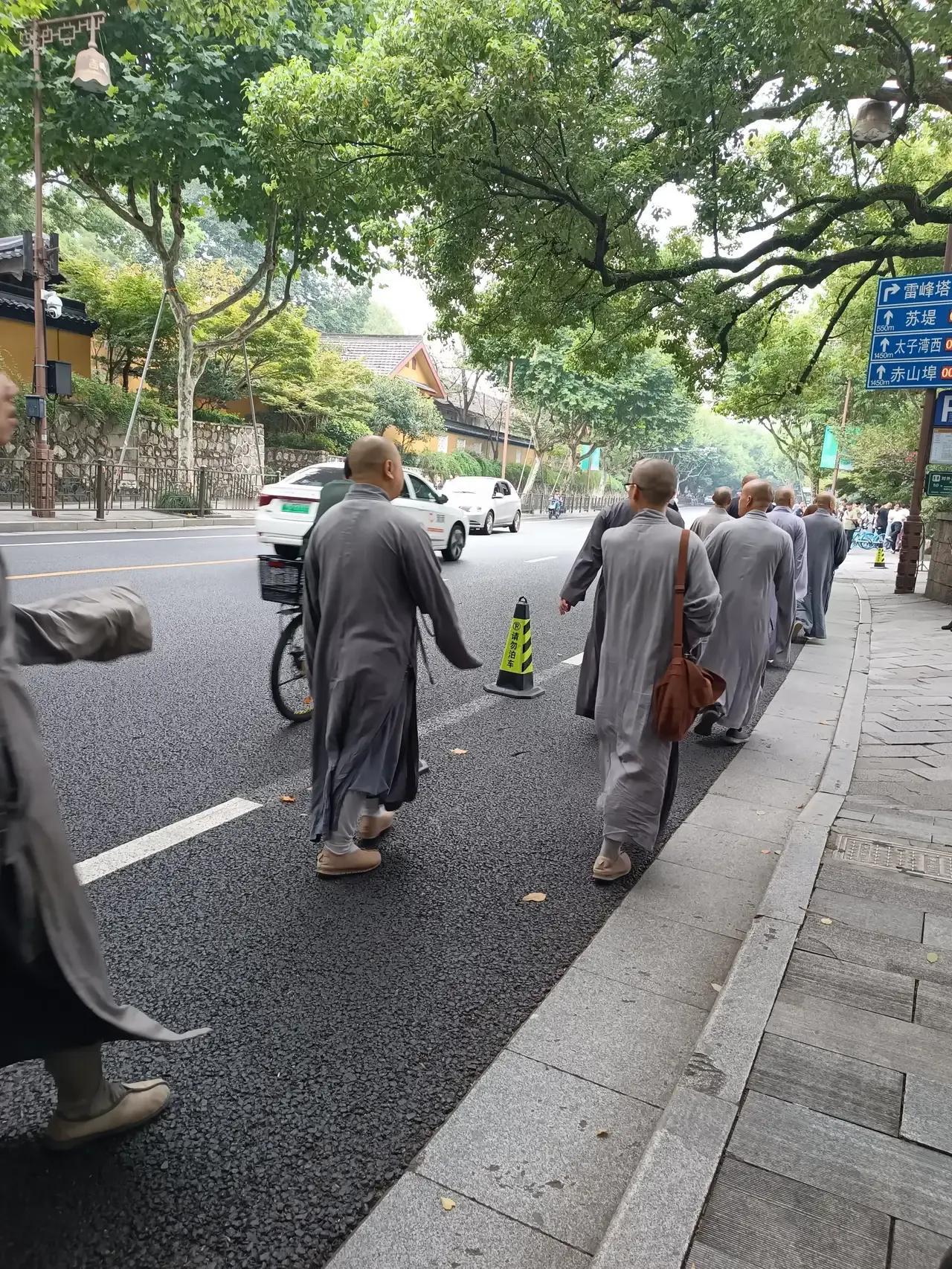 今天在杭州西湖雷峰塔附近看见很多出家人去往雷峰塔对面的净慈寺，这些出家人都穿着长