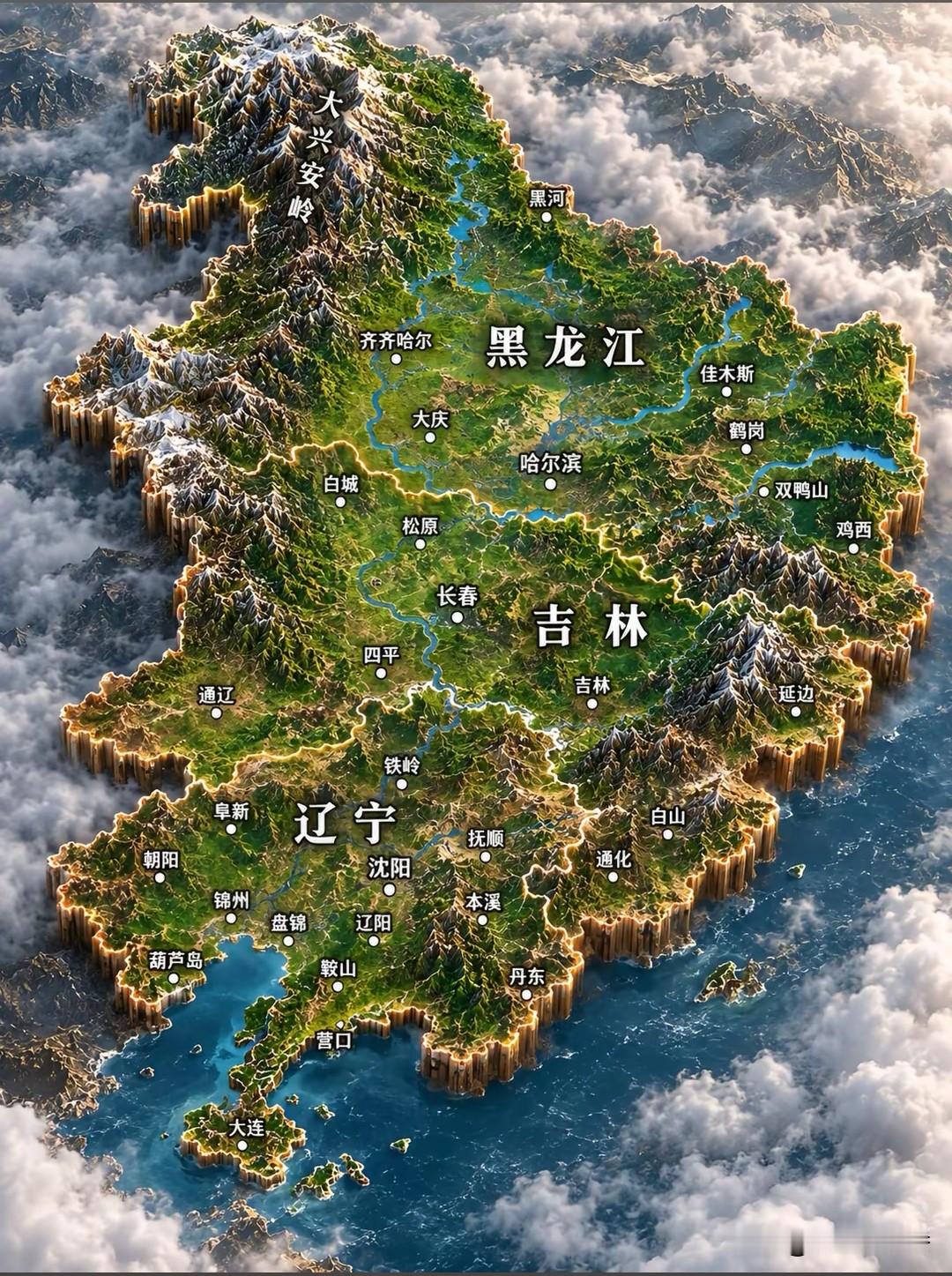 东北立体地形图，大兴安岭如一道巍峨屏障横亘西北，小兴安岭向北延伸，长白山脉耸立东南，三江平原、松嫩平