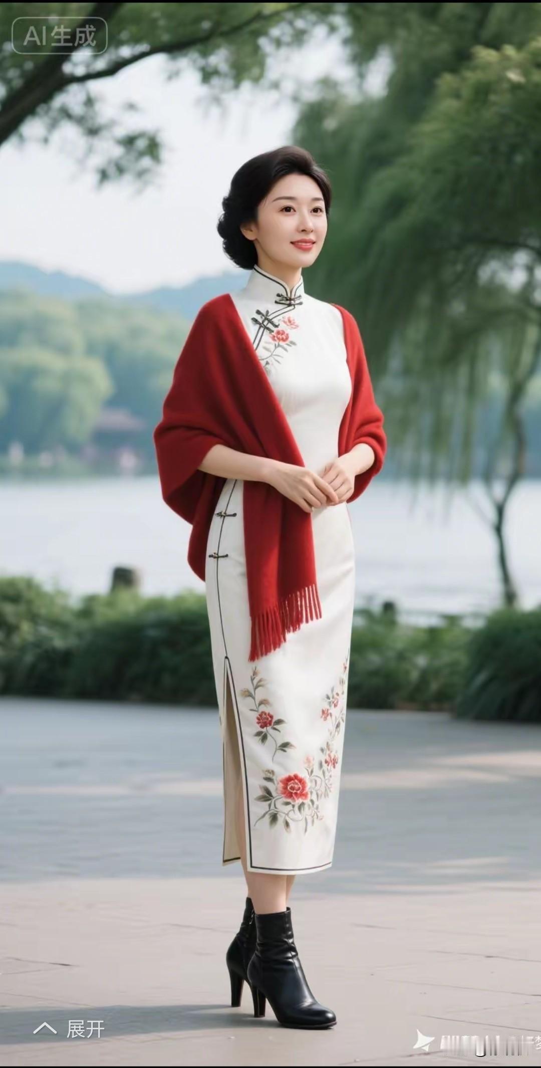 沉鱼落雁，闭月羞花优雅旗袍，红白相映出水芙蓉，韵味十足花容月貌，梨花带雨