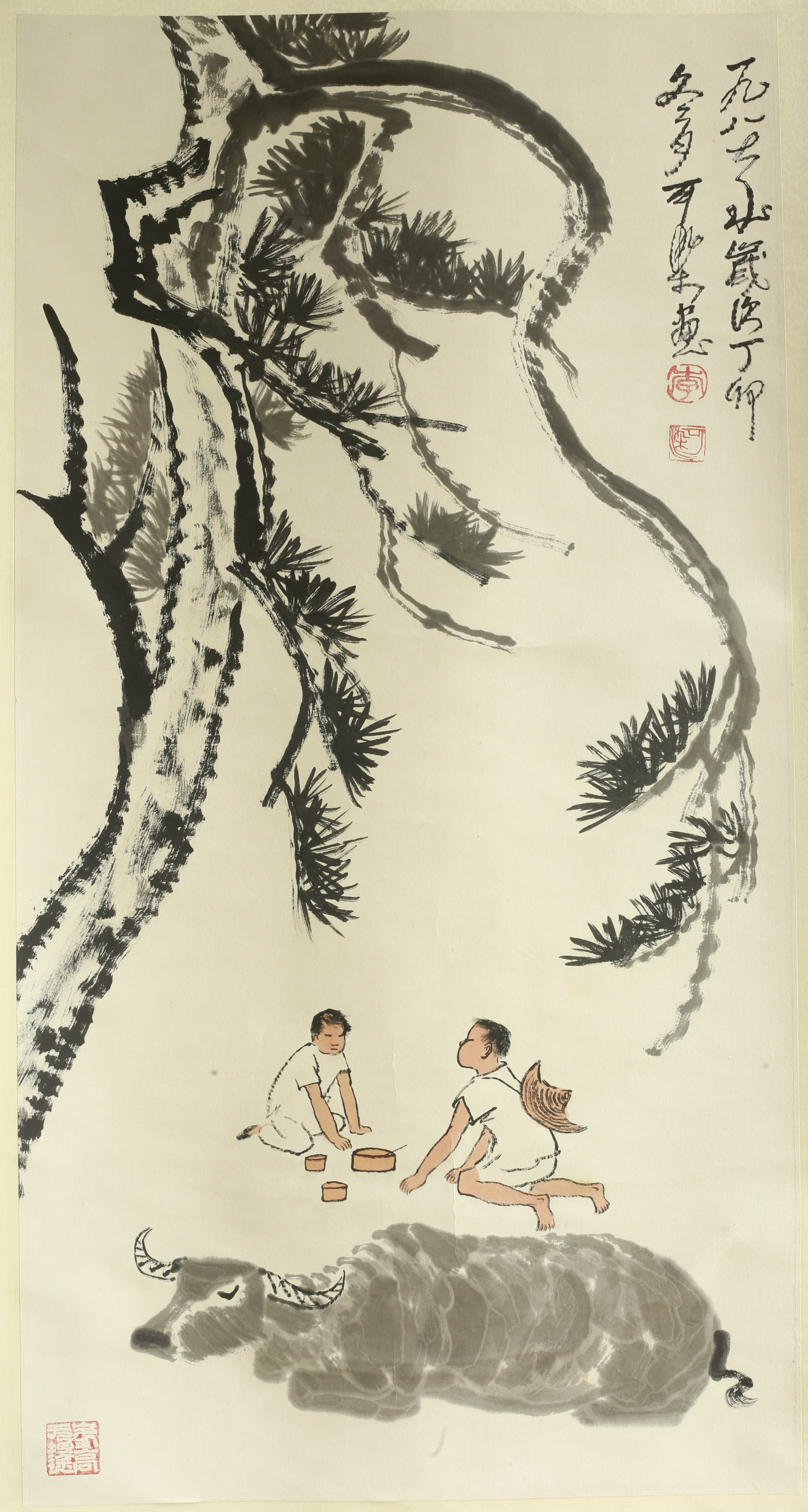 李可染真迹《牧牛图》立轴一幅尺寸：画芯长99.8厘米，画芯宽51.6厘米，画芯约