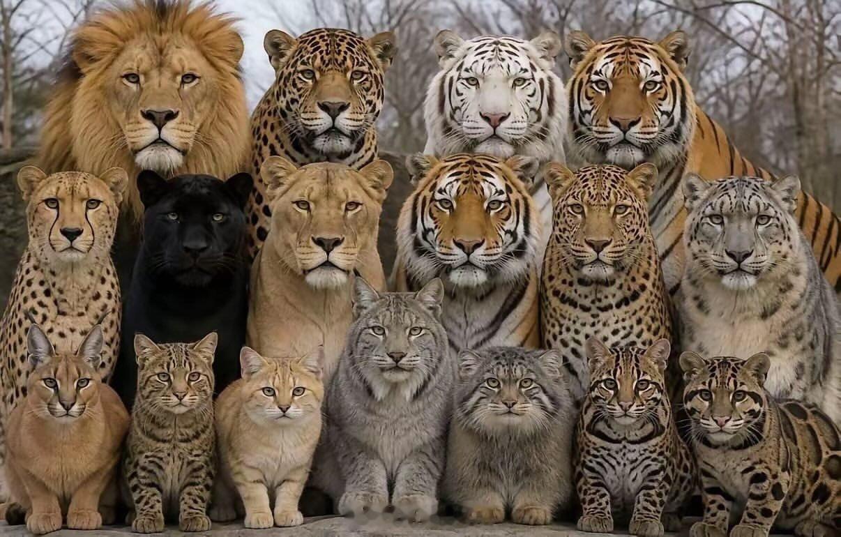 猫科全家福。果然是一家喵，一个模子刻出来的啊