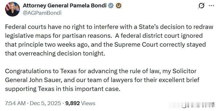 司法部长PamelaBondi发文称地方法官无权干涉地方重划选区的决定。“