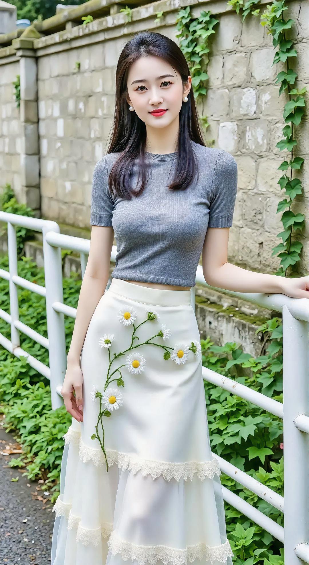 灰衣简净，白裙生香，雏菊悄悄爬上裙摆。石墙绿藤慢生长，你倚栏杆，笑意