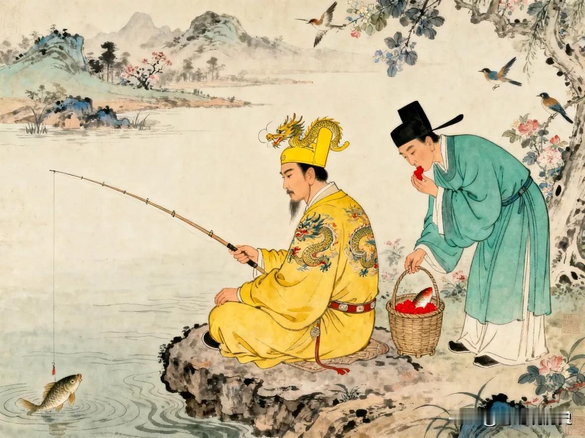 王安石陪皇帝钓鱼，玉盘中的鱼饵，散发出一股浓烈而生涩的腥气，王安石信手拈起一粒鱼