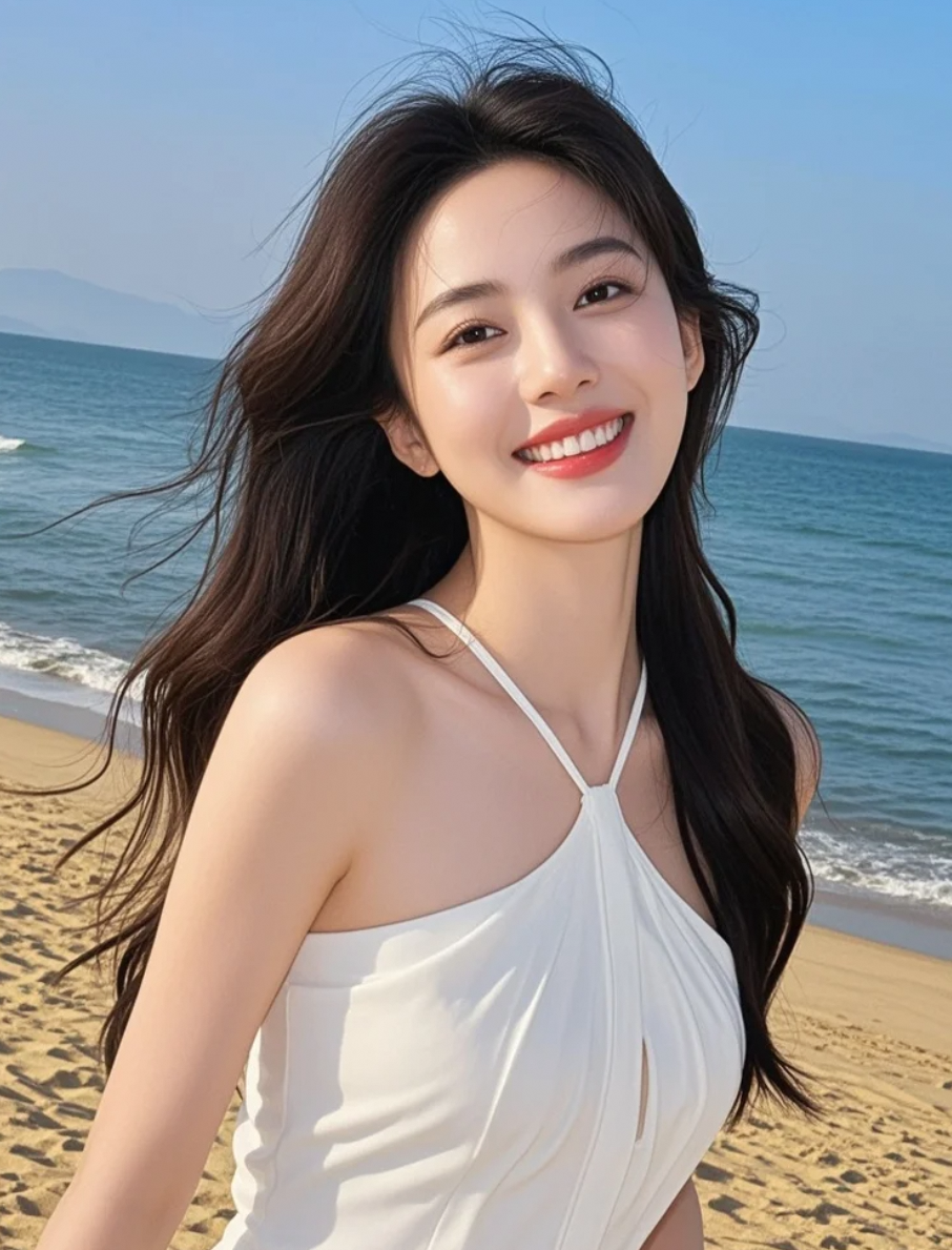 海浪轻吻脚踝，她笑靥如花。