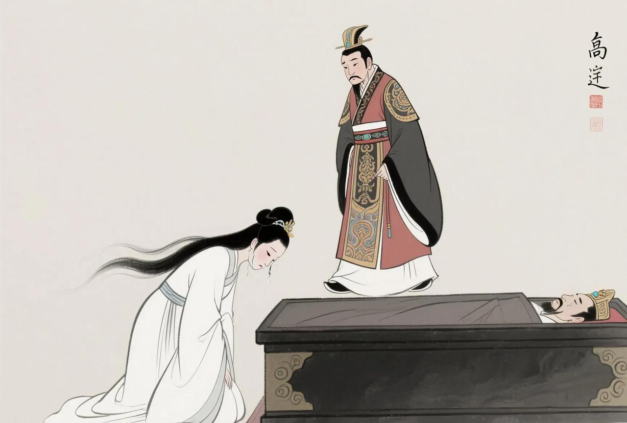 北齐皇帝高洋听说大臣崔进死了，来到他的棺椁前，其妻李氏跪伏在地，素衣如雪，美得凄