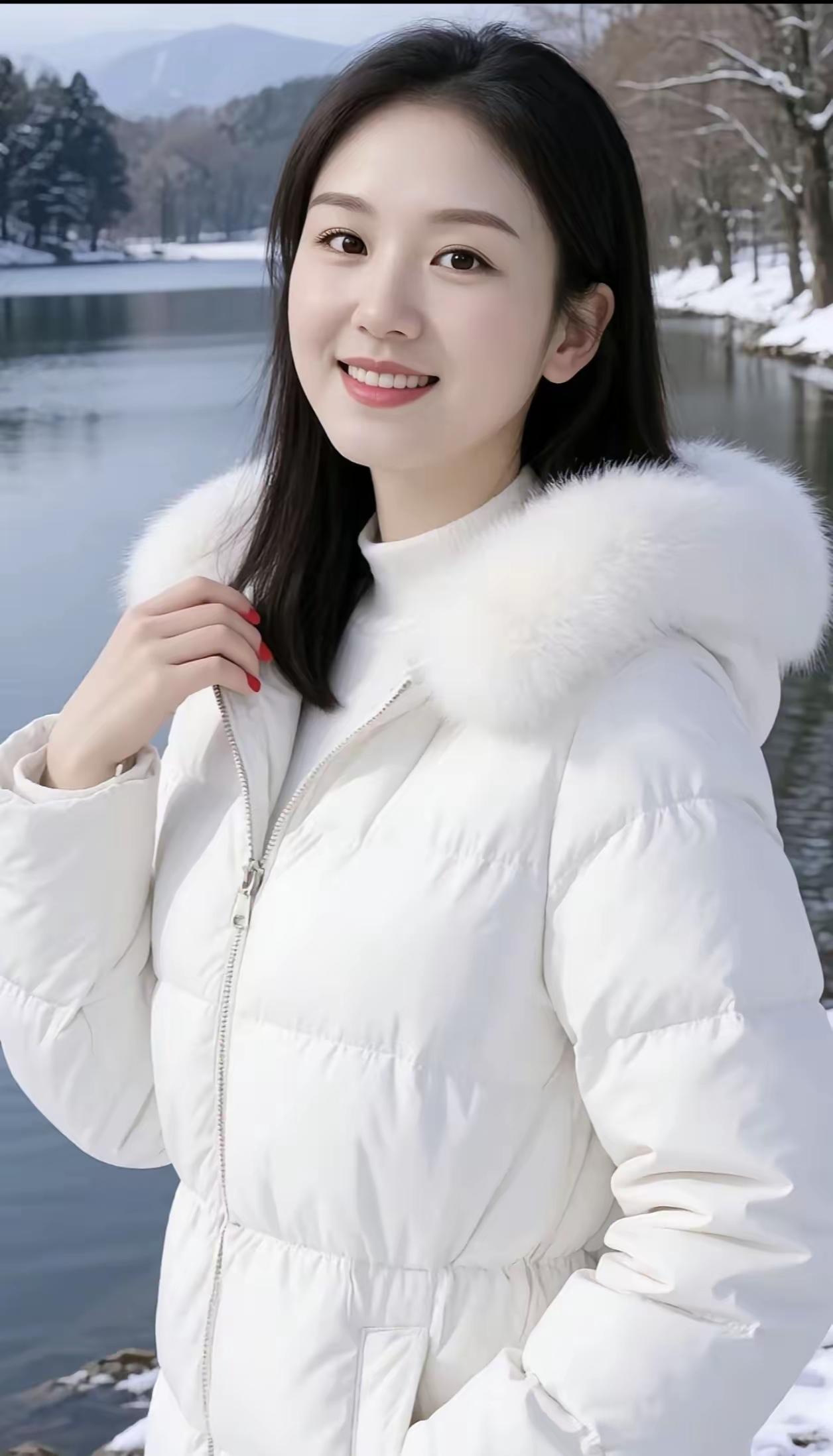 冬日暖阳下的雪景自拍，白色羽绒服温暖如你