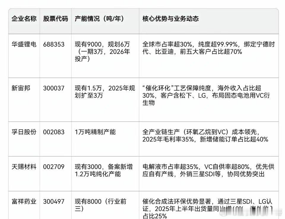 A股中碳酸亚乙烯酯（VC）企业，具备产能规模大、技术壁垒高或产业链协同优势，且深