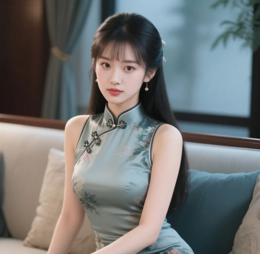 旗袍上的花纹，像是诉说着古老的故事，而她是故事的主角