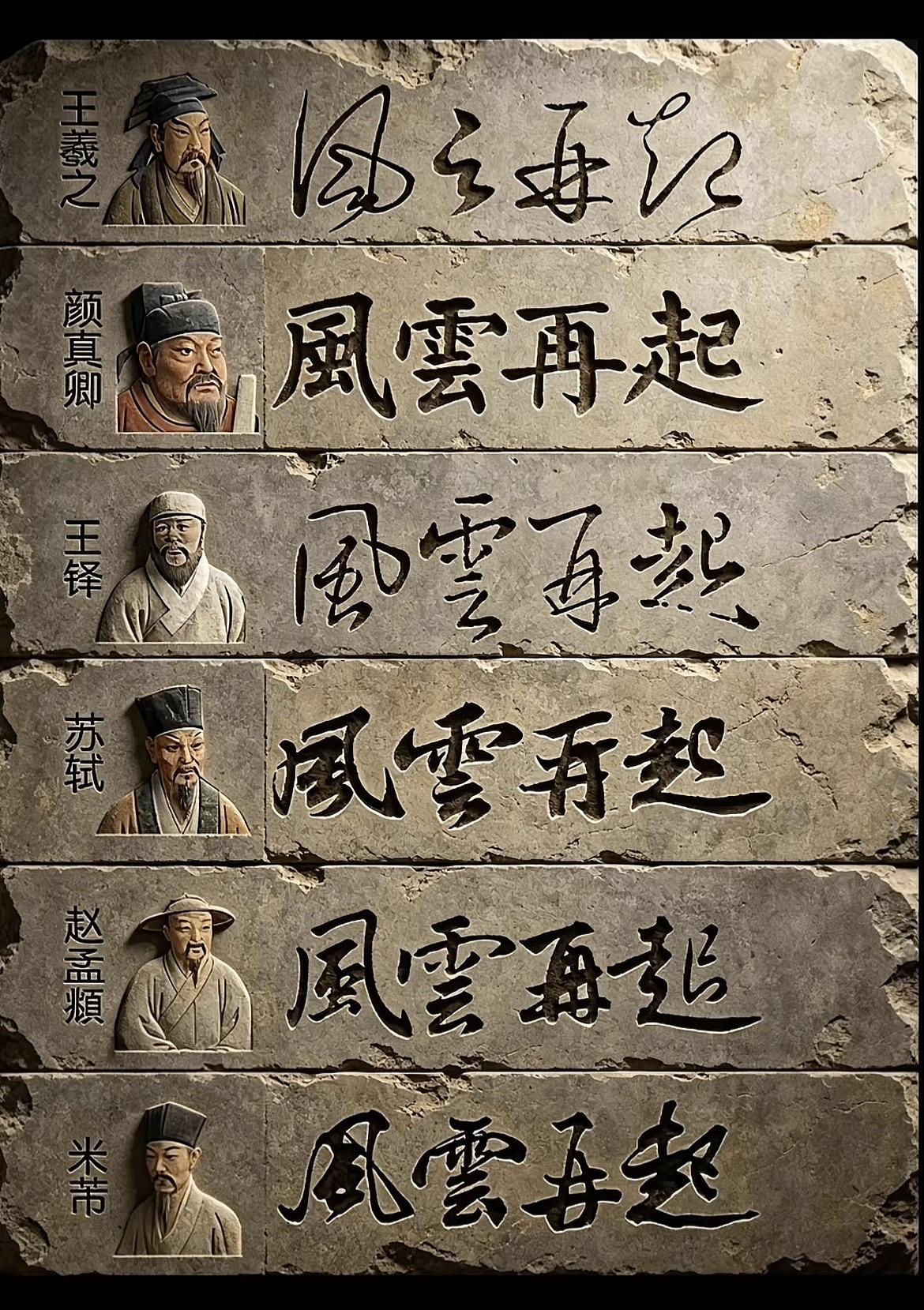 这六个人都有着帝王之气的书法水平。他们的“风云再起”四字书法，那个正中你的下怀