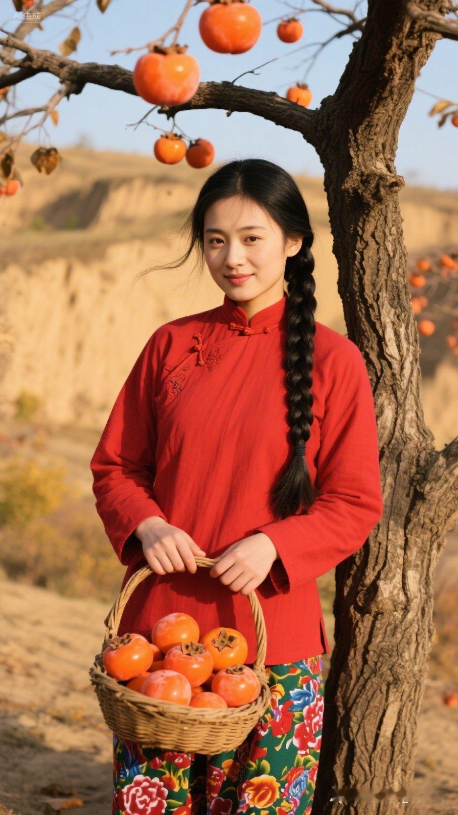 秋日丰收，红衣少女与柿子树下的美好时光。