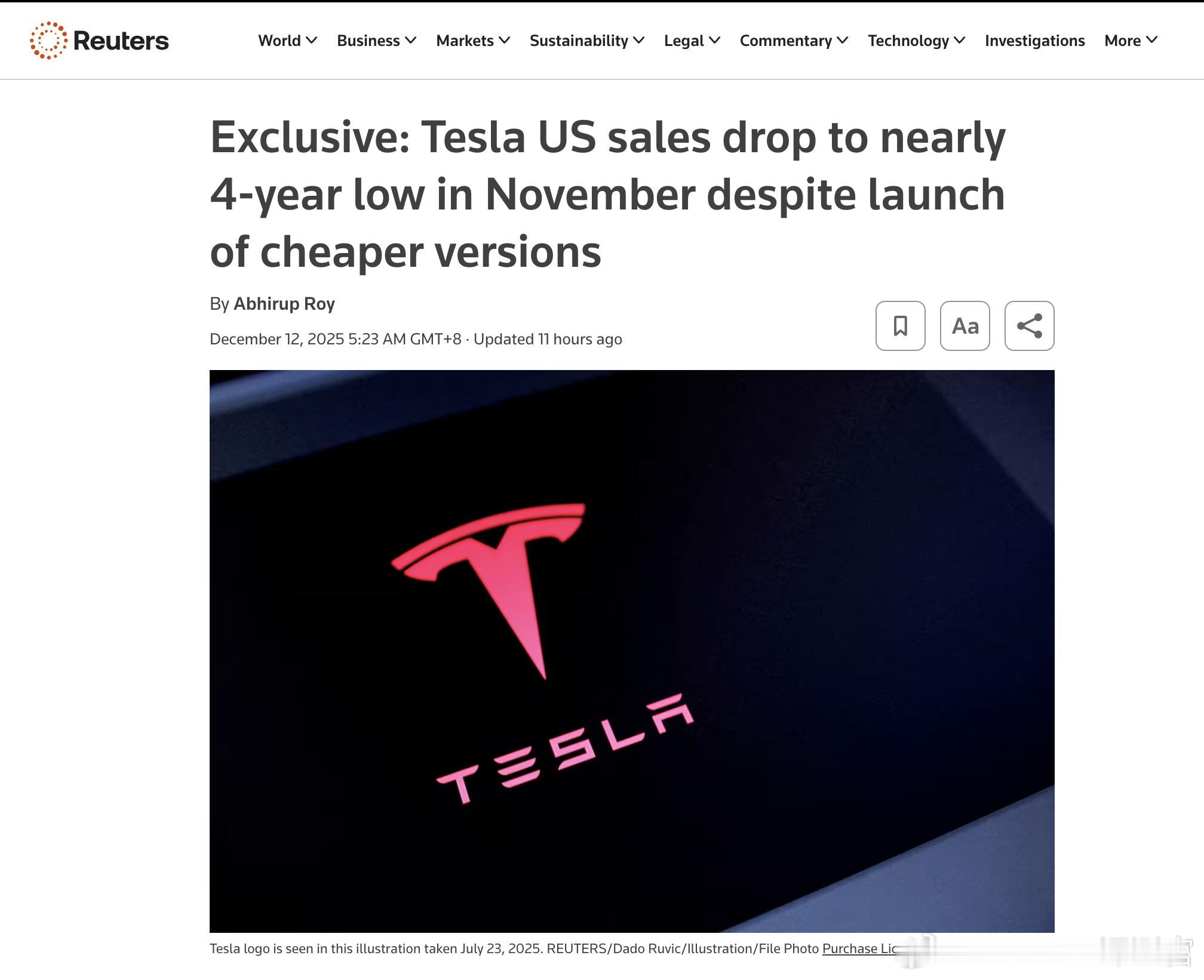 根据路透社报道，特斯拉11月在美国的销量来到了4年来的史低在美国取消了电动车补贴