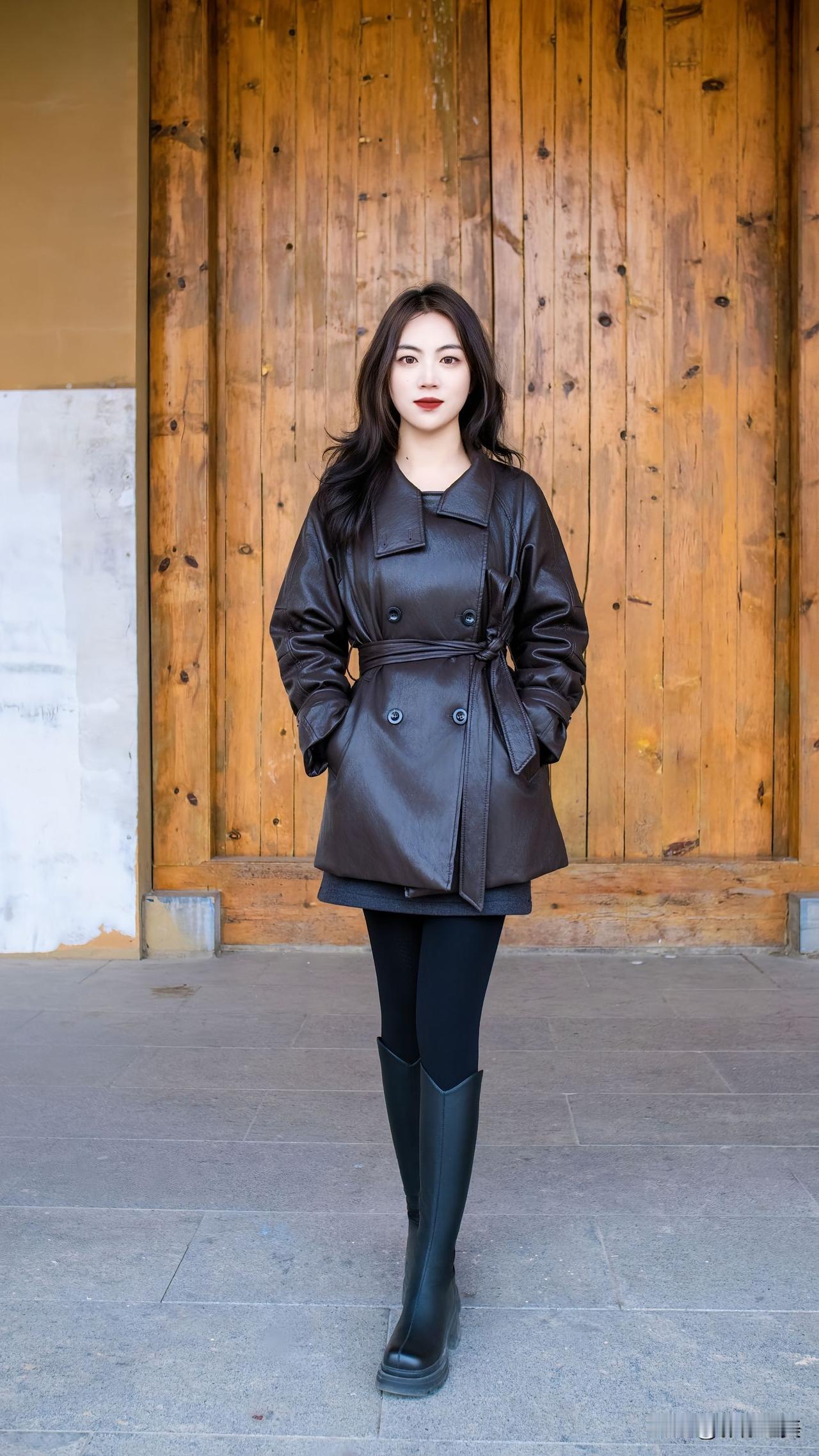 焦糖棕皮质风衣搭配黑色长靴，复古又飒爽，木质背景衬得氛围感拉满。