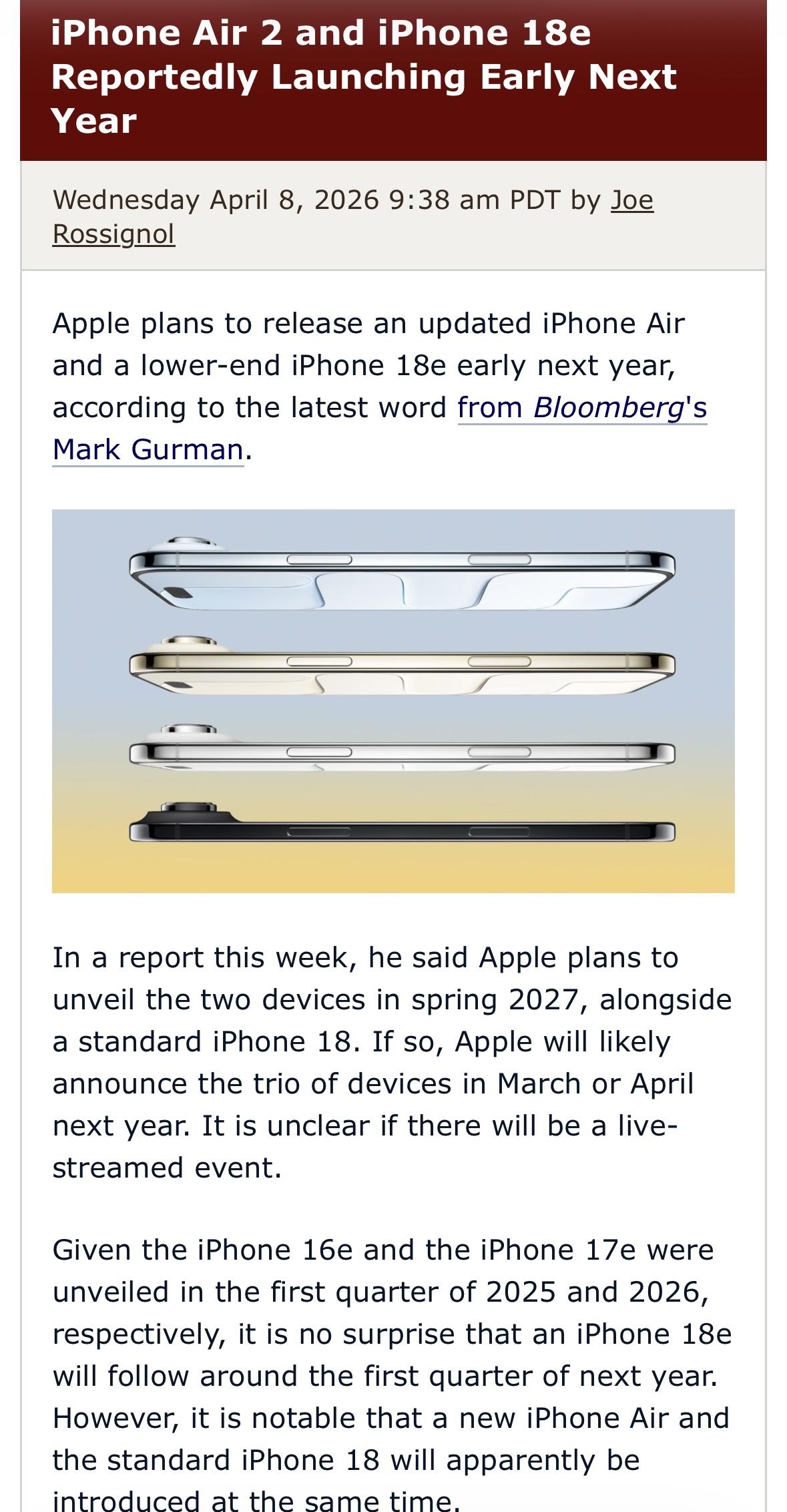 2027年3月-4月苹果将发布3款手机：iPhone18iPhone18