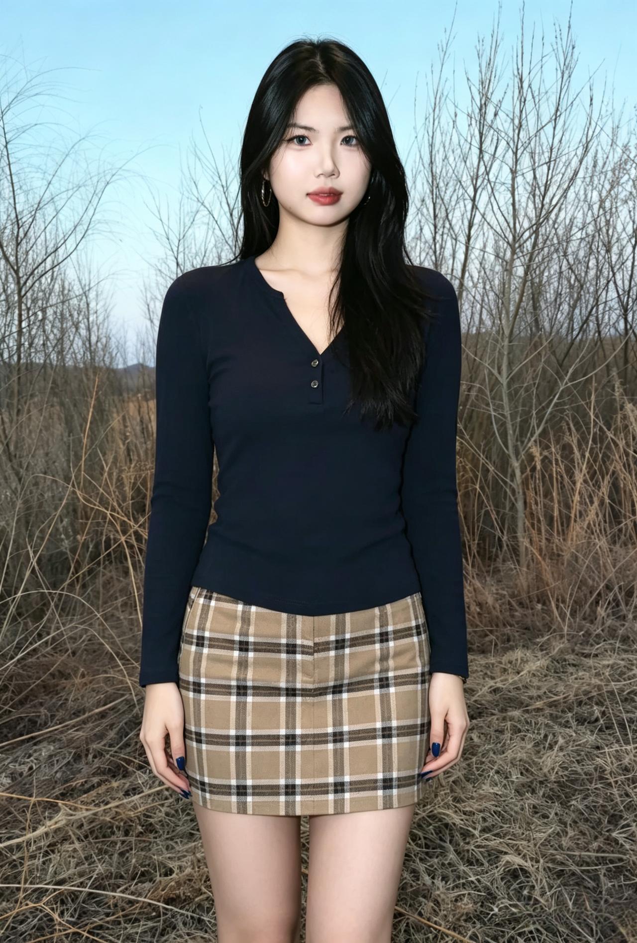 黛眉轻敛倚荒丛，玉指微翘气质融。一抹藏青衬雅韵，格裙摇曳趁春风。