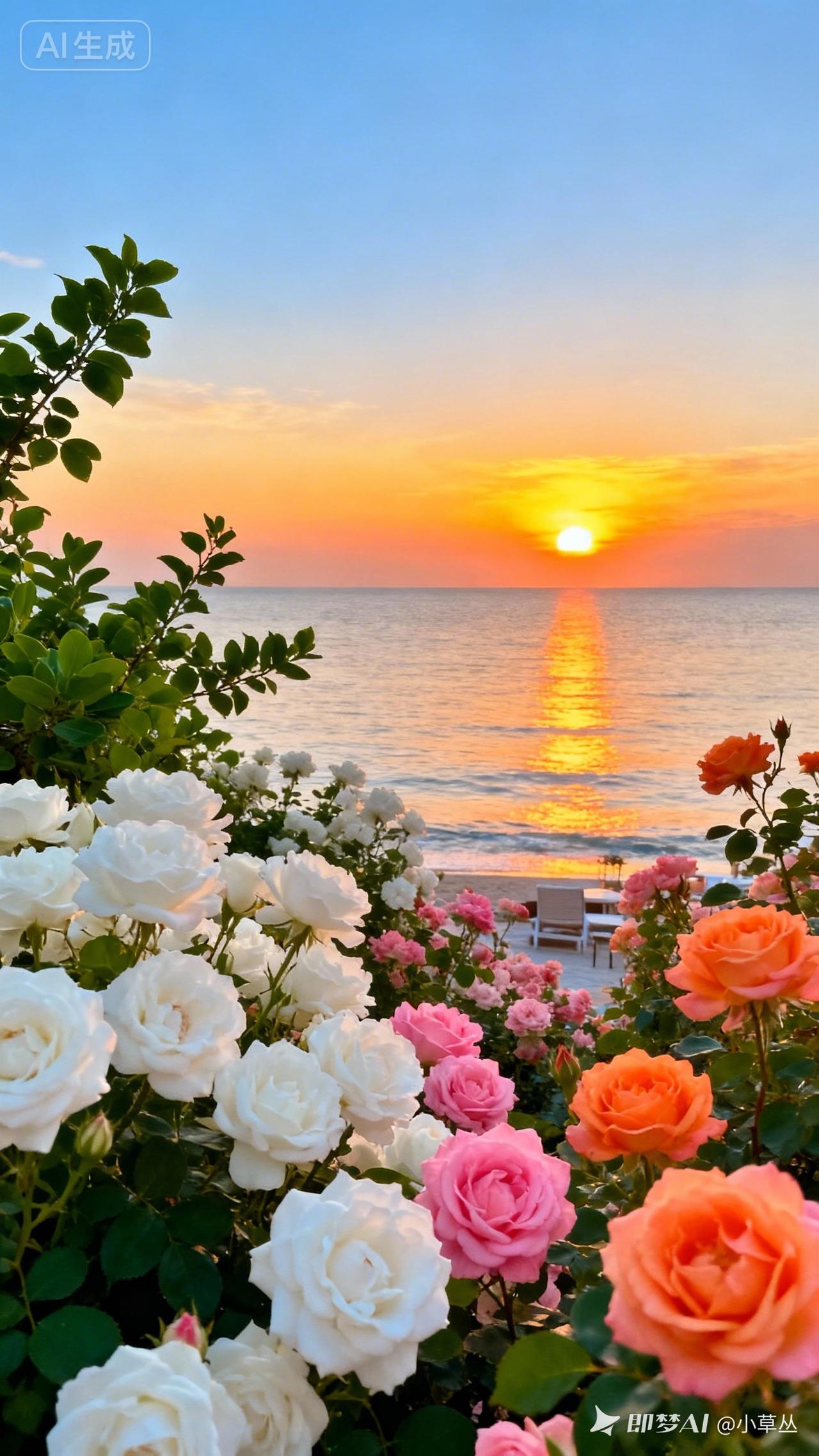 日落海滩，浪漫玫瑰，静享美好时光