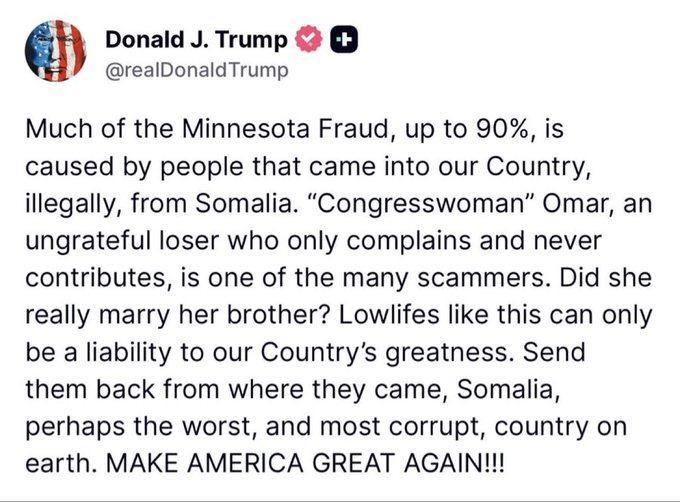 🇺🇸🇸🇴特朗普：明尼苏达州90%的选举舞弊案源于索马里非法移民特朗