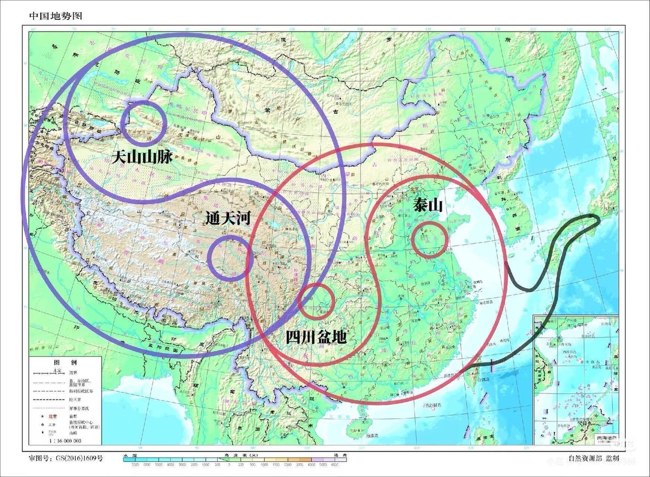 地图上的两个太极拼起来，海上的岛链当做梗，[呲牙笑][呲牙笑]四川盆地和泰山应