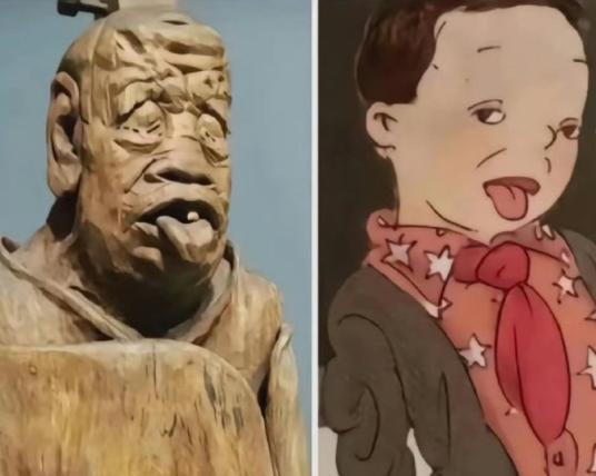 没有想到老子的雕塑不仅撞脸了“毒教材”，和一位日本老爷爷，形貌上也有相似之处。