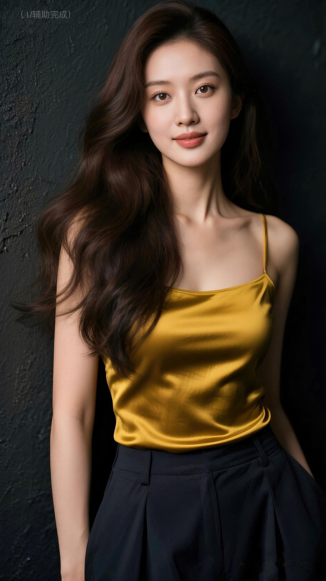 九帧同绘暖调优雅仙。棕褐乌黑卷发垂落漾柔光，亮黄金芥末丝衣裹雅姿，黑蓝阔腿裤衬从