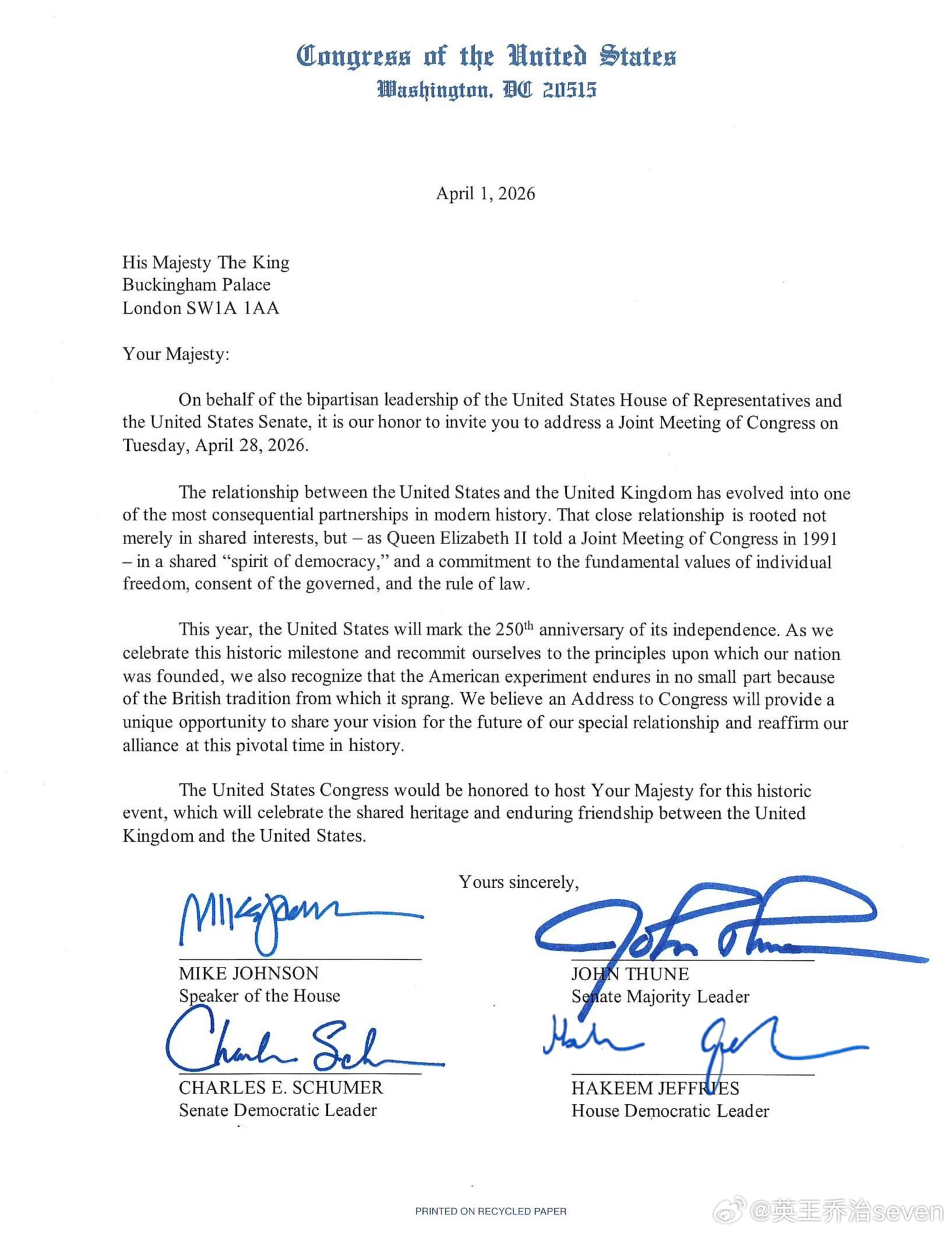 查尔斯三世国王【news】美丽国众议院议长约翰逊发文：我非常荣幸和极大的荣幸邀